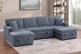 Convertible Sectional Upholstered Corduroy 3pc RAF And LAF Storage Chaises Pull Out Middle Section Dark Gray Finish Pillow Included Primary Living Room