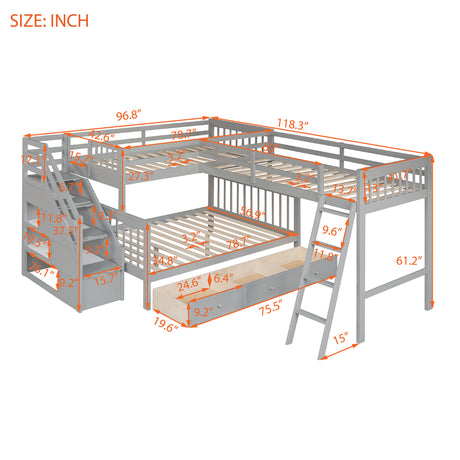 Twin over Full L-Shaped Bunk Bed With 3 Drawers, Ladder and Staircase - Gray - sold by Home Elegance USA
