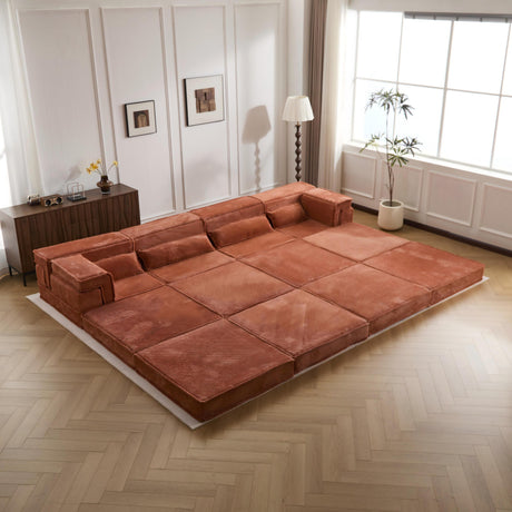 Compression Mahjong Sofa,Convertible Floor Sofa Bed,DIY Boneless Modular Sectional Sofa,No Assembly Required,Circle fleece fabric,Oversized 4 Seater with 2 Ottoman,Orange - sold by Home Elegance USA