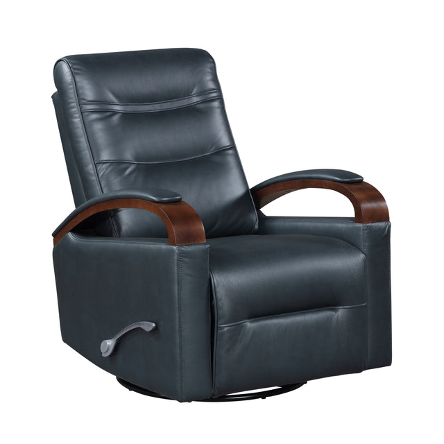 1pc Swivel Gliding Recliner Faux Leather Upholstered Solid Rubberwood Arms Luxurious Living Room Furniture, Navy