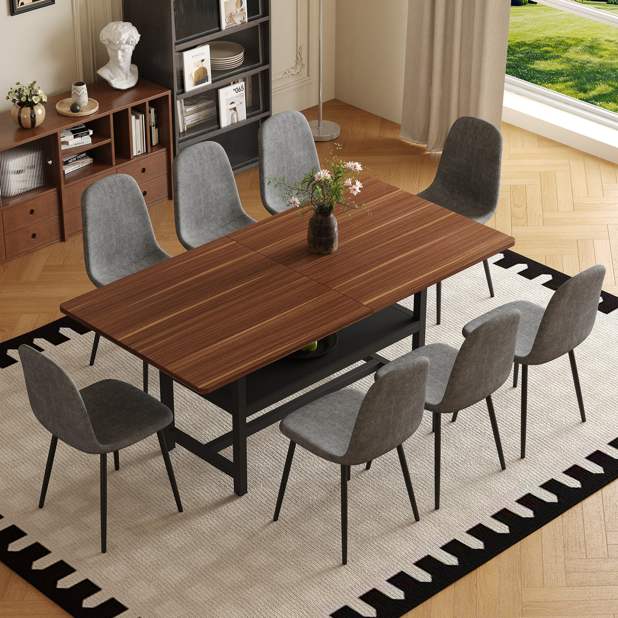 Table and chair set.71*35.4 inch fashionable walnut grain dining table, a practical choice to add color to the home.Paired with 8 Dark Gray Linen-Cotton Material High Resilience Dining Chairs.