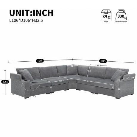 106' Convertible L Shaped Sectional Sofa,Corduroy Corner Couch with Armrest Storage,Cup Holders,USB Charger,Irregular Corner,Oversized Comfy Modular Sofa for Living Room,Apartment,2 Colors - sold by Home Elegance USA