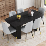 Table and chair set.67 * 35.4 inch black wood grain MDF dining table: a simple and luxurious, stable choice.Paired with 6 Light Gray chairs with PU cushions and black metal legs.