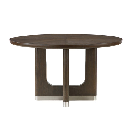 Modern Brown Finish Dining Set 5pcs Round Table and 4x Side Chairs Beige Upholstered Comfort Durable Metallic Accent Base Table Wooden Furniture - sold by Home Elegance USA