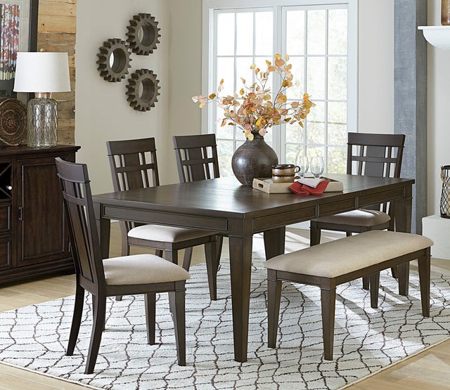 Dark Brown Finish 6pc Dining Set Expandable Table with Bench and 4x Side Chairs Beige Fabric Upholstered Seat Classic Look Dining Wooden Furniture