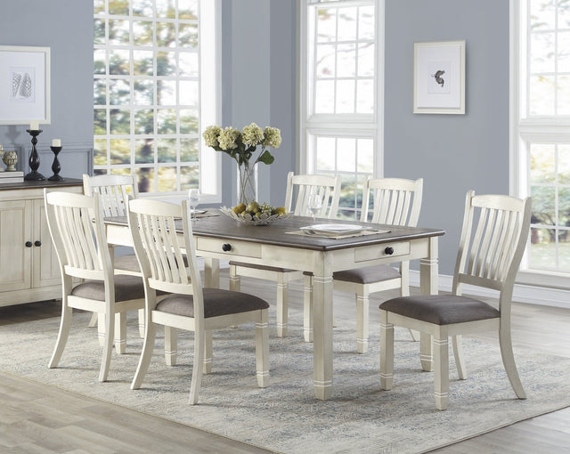 Antique White Finish Dining 7pc Set Table with 6x Drawers and 6x Side Chairs Upholstered Seats Casual Style Dining Room Furniture | Home Elegance USA