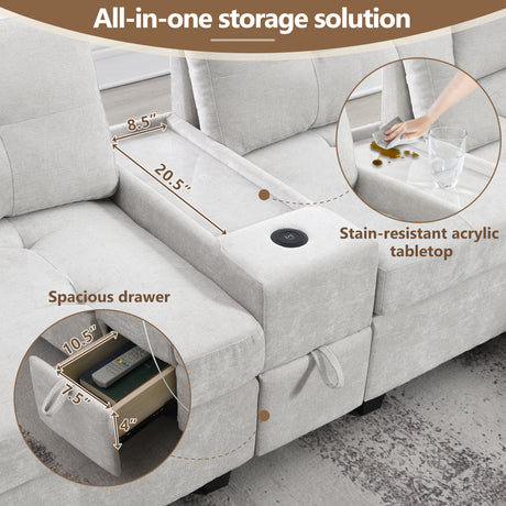 Chenille U Shaped Sectional Sofa with Acrylic Table Top, USB Charger, Storage Drawers, Pockets and Movable Ottoman - sold by Home Elegance USA