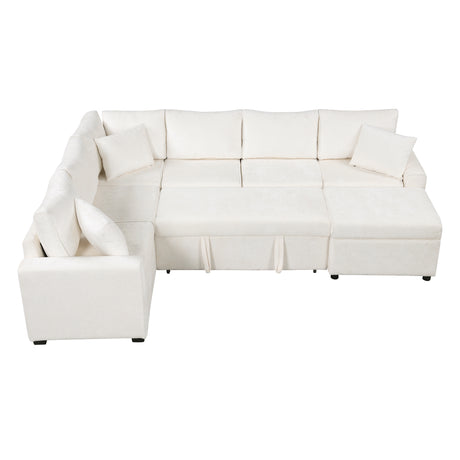 Cream Tweed Chenille Sectional Sofa with Pull-out Bed and Storage Ottoman, 112.2' for Living Room - sold by Home Elegance USA