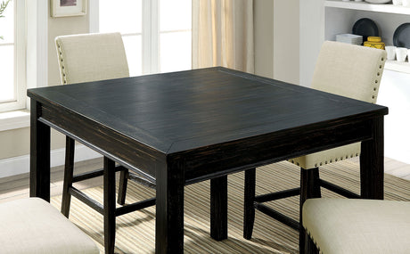 Rustic Style 5pc Counter Height Dining Table Set 1x Table 4x Chairs Fabric Chairs Bold Distressed Detail Nailhead Trim Antique Black Finish - sold by Home Elegance USA