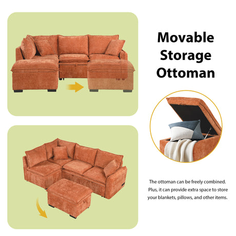Convertible L-shaped Sofa Bed with Storage Ottoman, Power Sockets & USB Ports, Orange Chenille, 82.67' - sold by Home Elegance USA