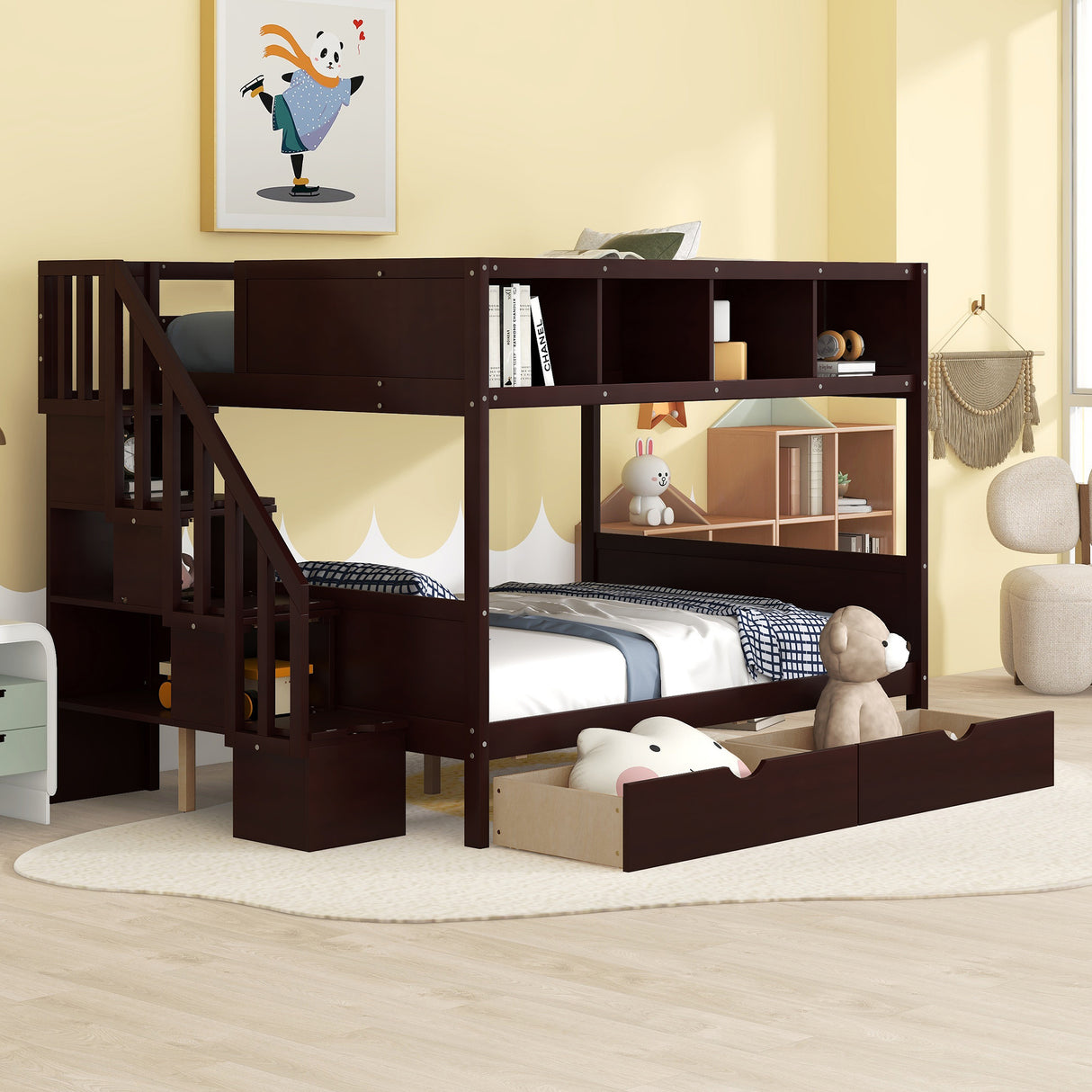 Twin over Full Bunk Bed with Shelfs, Storage Staircase and 2 Drawers, Espresso - Home Elegance USA