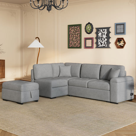 Sleeper Sectional Sofa, L-Shape Corner Couch Sofa-Bed with Storage Ottoman & Hidden Arm Storage & USB Charge  for Living Room Apartment, Gray - sold by Home Elegance USA