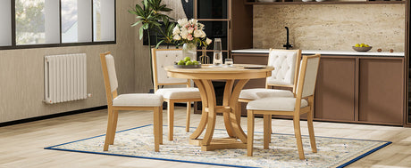 TREXM 5-Piece Retro Functional Dining Table Set Extendable Round Table and 4 Upholstered Chairs for Dining Room and Living Room (Natural) - sold by Home Elegance USA