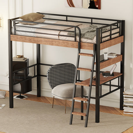 Metal Twin Size Loft Bed with Built-in Desk, Storage Shelf and Ladder, Black