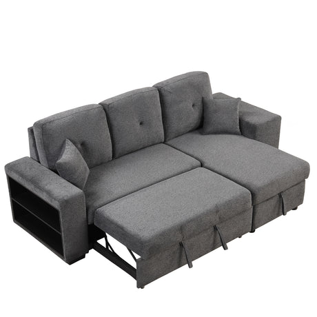 Reversible Sleeper Sectional Sofa Bed with Side Shelf and 2 Stools, Pull-Out L-Shaped Sofa Bed, Velvet Blue Black - sold by Home Elegance USA