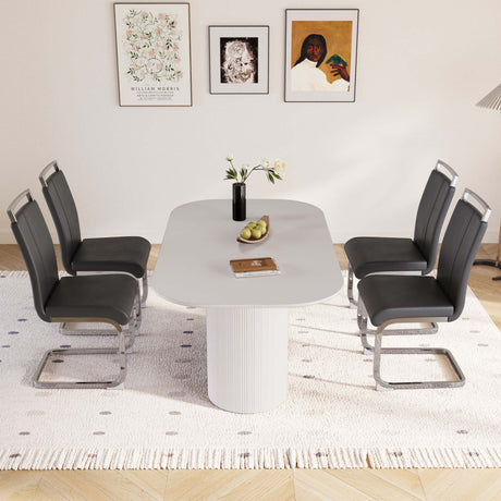 63 'medieval modern cream style MDF dining table and PU armless dining chair set 4. Assemble Desktop and Silver plated metal leg dining chair set, suitable for home&kitchen - sold by Home Elegance USA