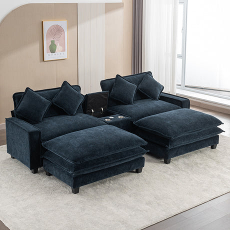 Contemporary Chenille Upholstered Sectional Sofa with Ottomans, USB Ports, Cup Holders & Storage, Blue - sold by Home Elegance USA