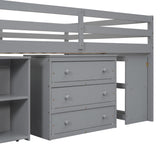 Full Size Loft Bed with Retractable Writing Desk and 3 Drawers, Wooden Loft Bed with Storage Stairs and Shelves, Gray - Home Elegance USA