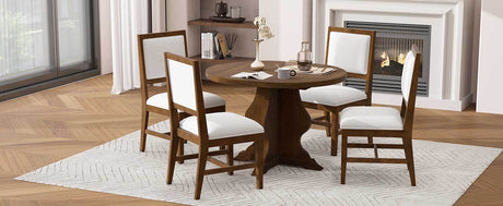 TREXM Farmhouse 5-Piece Dining Table Set with 4 Upholstered Chairs, Wood Extendable Dining Table with 15.7' Leaf for Extra Seating for Dining Room, Kitchen and Living Room (Brown) - sold by Home Elegance USA