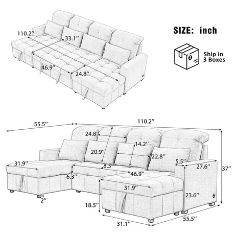 Versatile Oversized U-shaped Sectional Sofa Bed with Storage Chaise Lounges and USB Ports, Gray Chenille, 110.2' - sold by Home Elegance USA