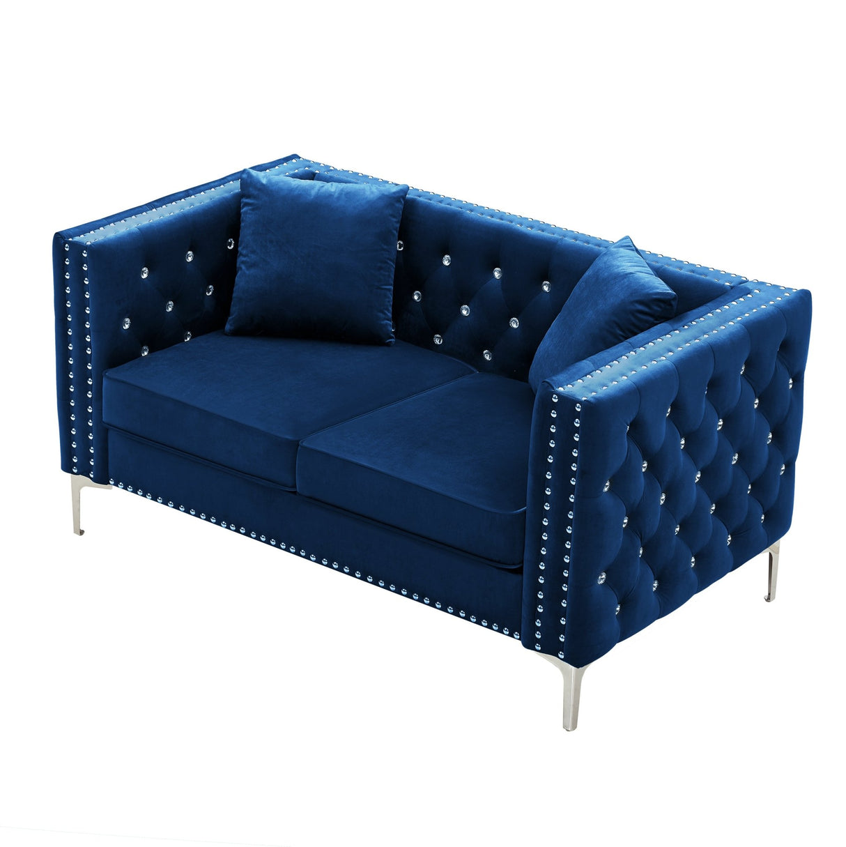 59.4 Inch Wide Blue Velvet Sofa with Jeweled buttons,Square Arm ,2 Pillows - W1117S00009 - image - 2