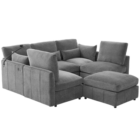 Modern Sectional Sofa Modular Sofa with Movable Ottoman, USB Ports & Phone Holder, Grey Chenille, 85.4' - sold by Home Elegance USA