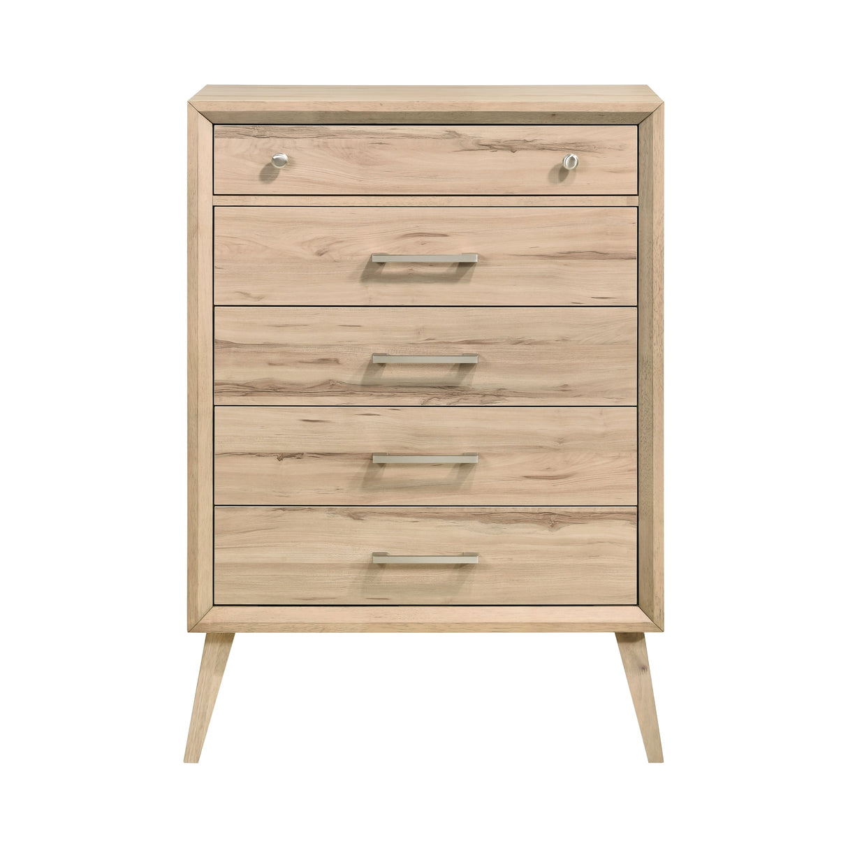 Mid-Century Modern Design Natural Oak Finish Chest of 5 Drawers Nickel Tone Classic Style Bedroom Furniture 1pc