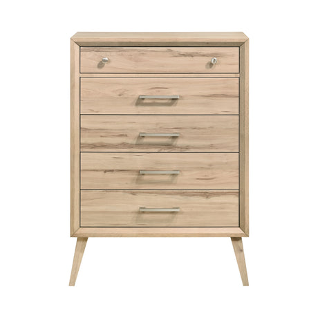 Mid-Century Modern Design Natural Oak Finish Chest of 5 Drawers Nickel Tone Classic Style Bedroom Furniture 1pc