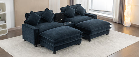 Contemporary Chenille Upholstered Sectional Sofa with Ottomans, USB Ports, Cup Holders & Storage, Blue - sold by Home Elegance USA