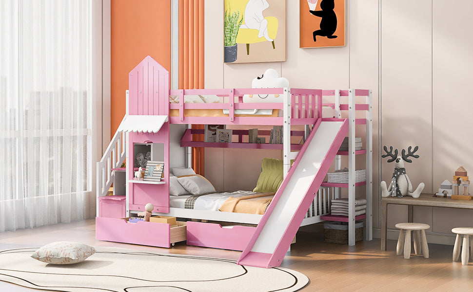 Twin-Over-Twin Castle Style Bunk Bed with 2 Drawers 3 Shelves and Slide - Pink - Home Elegance USA