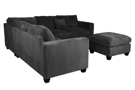 Modern Style L-Shaped 4pc Sectional Set Cocktail Ottoman Square Arms Throw Pillow Corduroy Upholstered Black Finish Primary Living Room - sold by Home Elegance USA