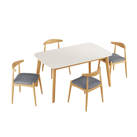 Mid-Century Modern 5-Piece Dining Set: Solid Rubberwood Table + 4 Gray Upholstered Chairs, White Oak Finish, Gray Fabric - sold by Home Elegance USA
