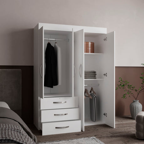 Hamilton Mobile Armoire, 4-Doors Cabinet, Three Drawers, Rods, Four Shelves, White  - Bedroom - sold by Home Elegance USA