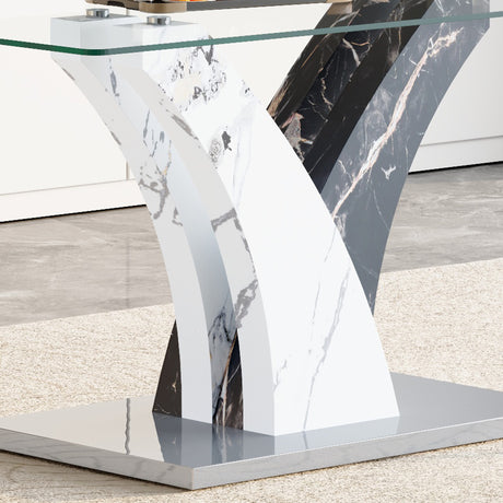Table and chair set.Modern dining table, tempered glass countertop, and artistic MDF legs.Paried With 6 White PU dining chairs, simple and versatile, comfortable and accompanied. - sold by Home Elegance USA