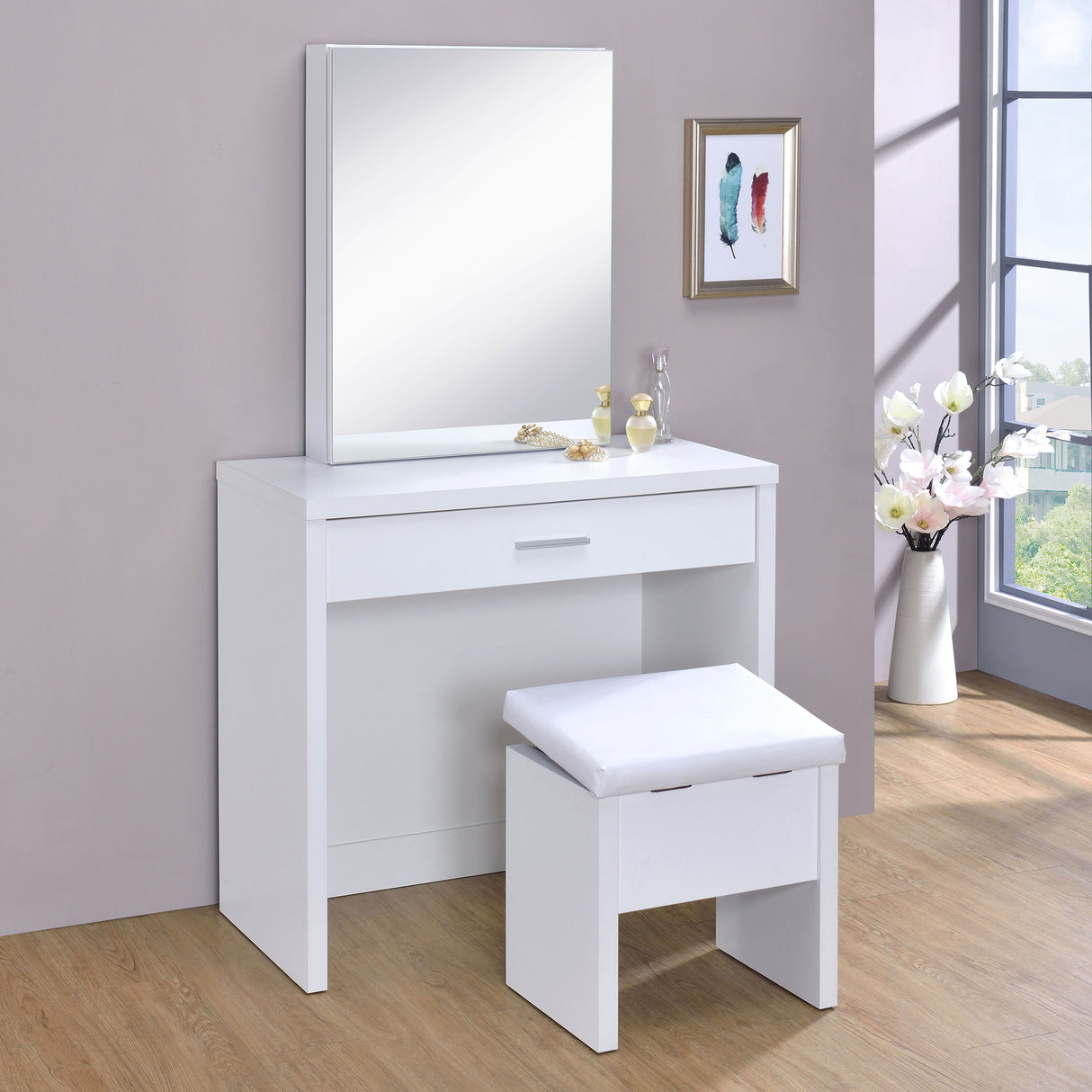 Vanity Table & Mirror - Harvey 2-piece Vanity Set with Lift-Top Stool White