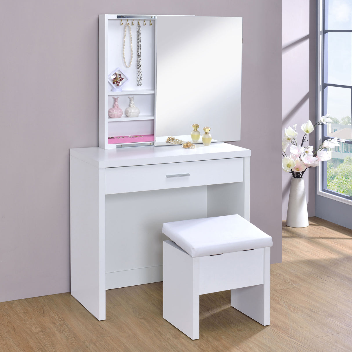 Vanity Table & Mirror - Harvey 2-piece Vanity Set with Lift-Top Stool White