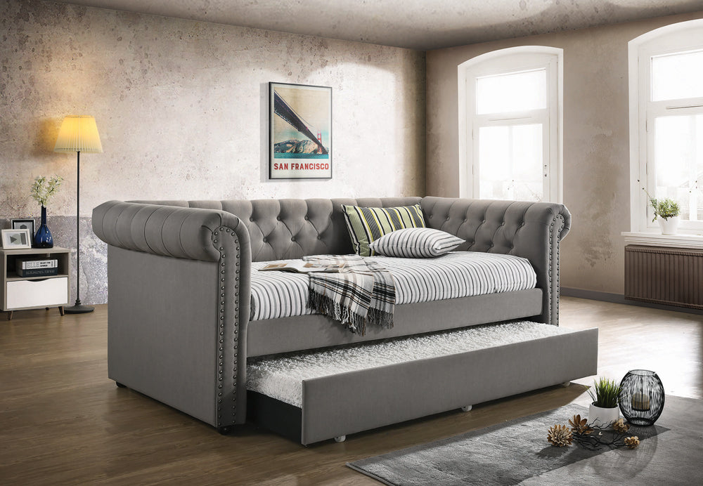 Twin Daybed W/ Trundle - Kepner Tufted Upholstered Daybed Grey with Trundle