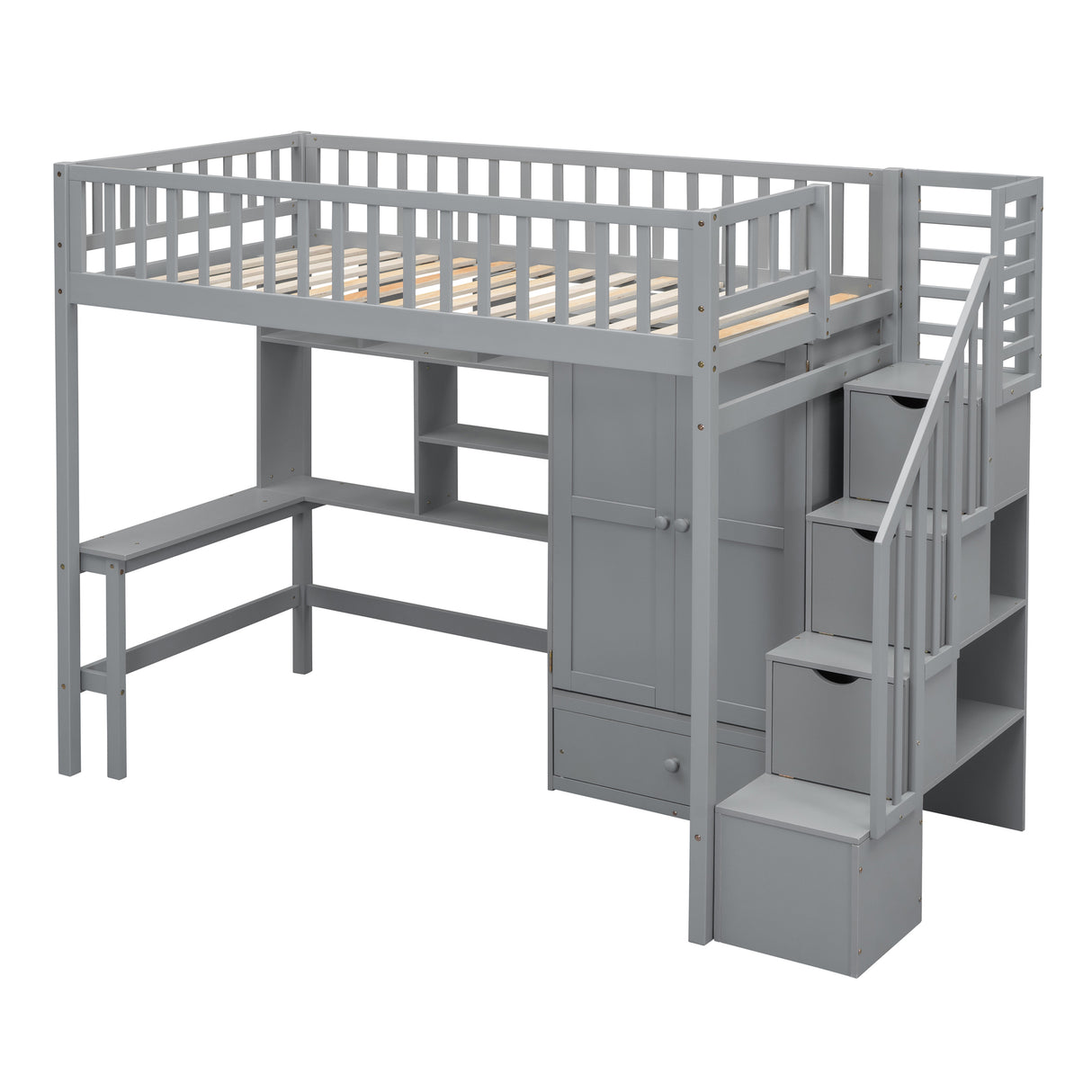 Twin size Loft Bed with Bookshelf,Drawers,Desk,and Wardrobe-Gray - Home Elegance USA