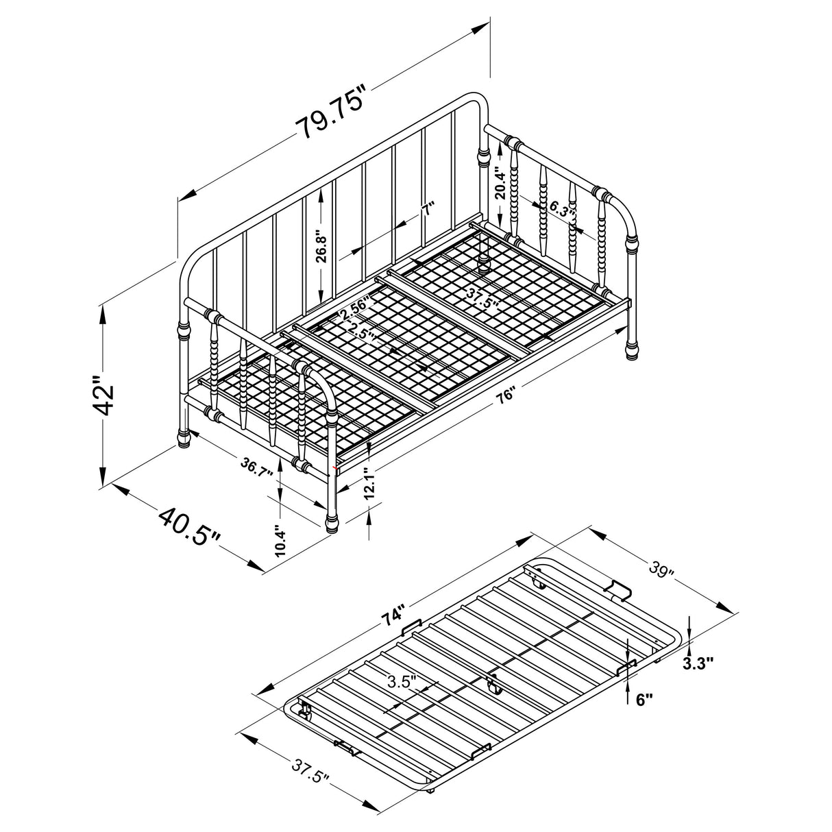 Twin Daybed W/ Trundle - Marina Twin Metal Daybed with Trundle White