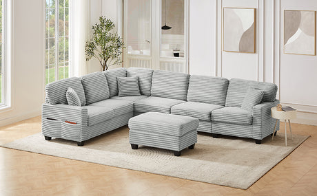 Modern U-shaped Sectional Sofa with Movable Ottoman and Side Storage Pockets, Grey Corduroy, 125.2' - sold by Home Elegance USA