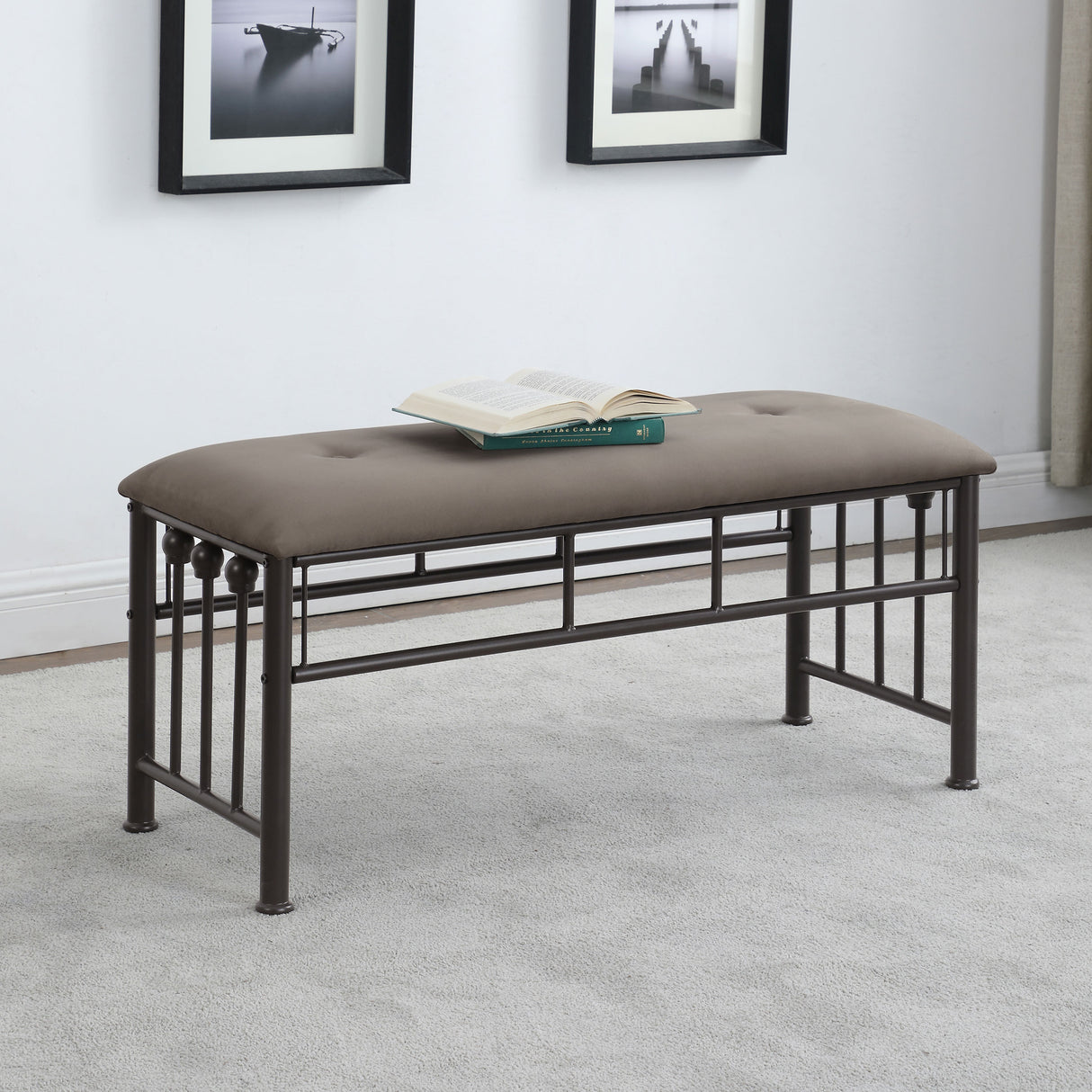 Livingston Microfiber Upholstered Bench Brown and Bronze - Home Elegance USA