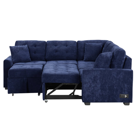 Navy Blue L-shape Sofa Bed with Pull-out Sleeper, USB Ports, Power Sockets, Corded Velveteen, 82.6' - sold by Home Elegance USA