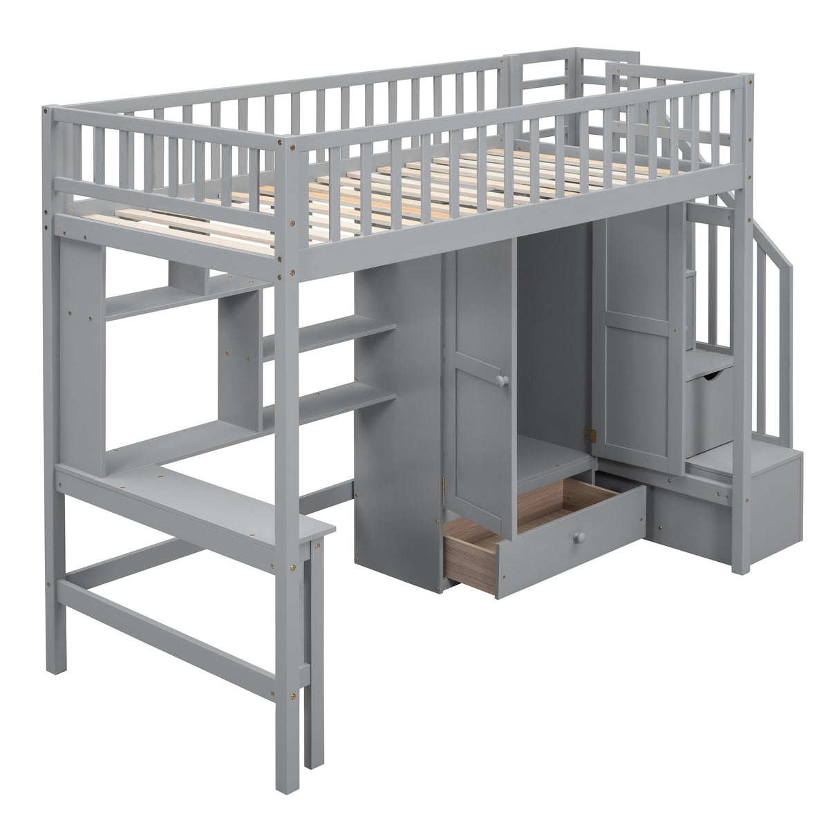 Twin size Loft Bed with Bookshelf,Drawers,Desk,and Wardrobe-Gray - Home Elegance USA