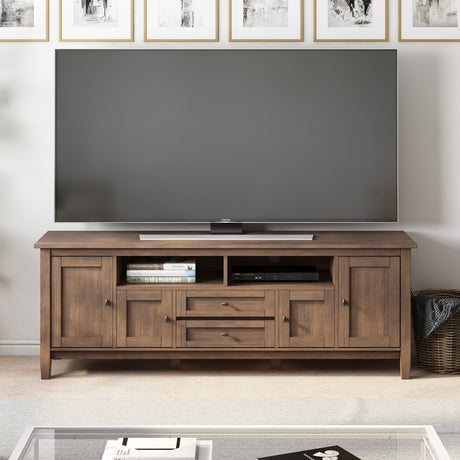 Warm Shaker 72 inch Wide Solid Wood TV Stand in Rustic Natural Aged Brown For TVs up to 80 inches - sold by Home Elegance USA