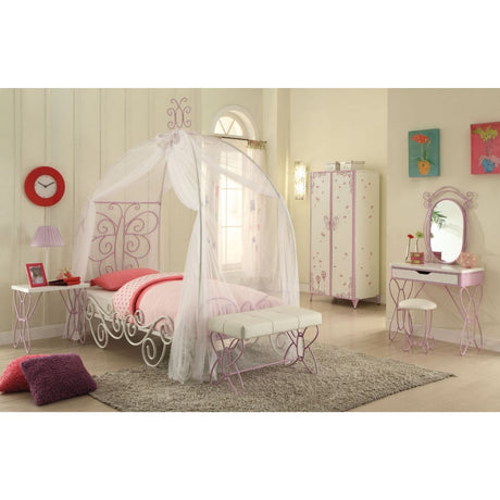 Acme - Priya II Twin Bed W/Canopy 30530T White & Light Synthetic Leather rple Finish