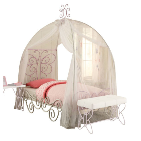 Acme - Priya II Twin Bed W/Canopy 30530T White & Light Synthetic Leather rple Finish