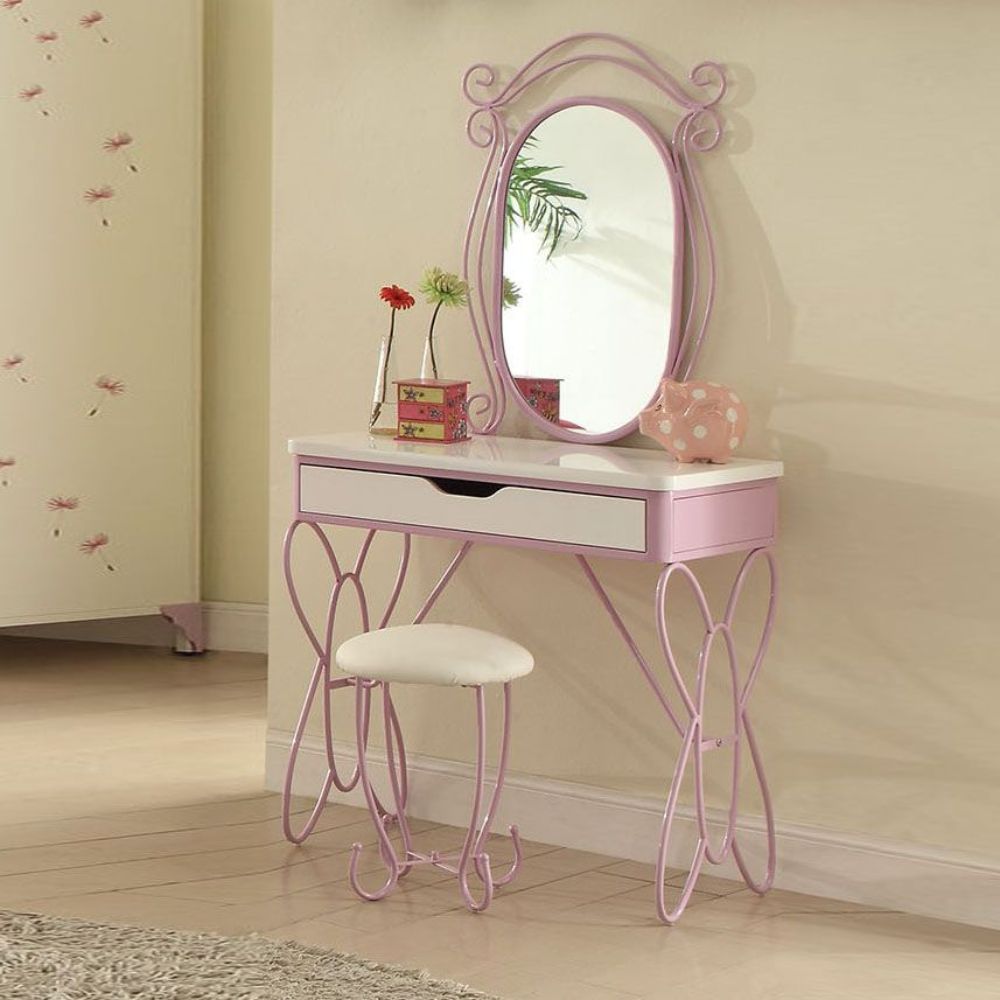 Acme - Priya II Vanity Set 30539 White & Light Synthetic Leather rple Finish