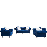 3 Piece Living Room Sofa Set, including 3 - Seater Sofa, Loveseat and Sofa Chair, with Button and Copper Nail on Arms and Back, Five White Villose Pillow, Blue. | Home Elegance USA