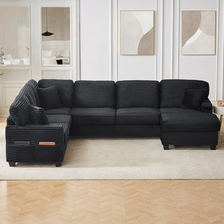 Upholstered U-shaped Sectional Sofa with Movable Ottoman and Side Storage Pockets in Black Corduroy, 125.2 inches - sold by Home Elegance USA