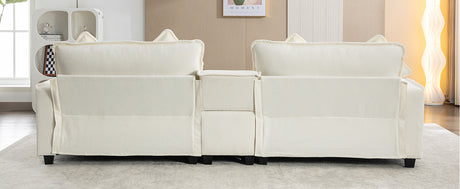 Chenille Upholstered Sectional Sofa with Removable Ottoman, USB Ports, Cup Holders, and Storage, Beige, 111' - sold by Home Elegance USA